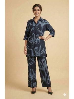 Navy Blue Abstract Printed Rayon Shirt-Style Top and Bottom Set for Casual Outings and Relaxed Styling - Image 1