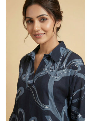 Navy Blue Abstract Printed Rayon Shirt-Style Top and Bottom Set for Casual Outings and Relaxed Styling - Image 2