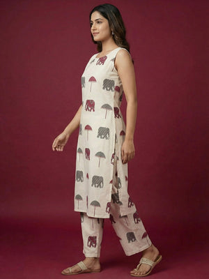 Off White & Maroon Pure Cotton Co-Ord Set with Abstract Print and Straight Fit Silhouette - Image 2