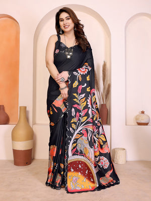 Black Silk Blend Saree with Digital Print & Mirror Embellished Border - Image 1