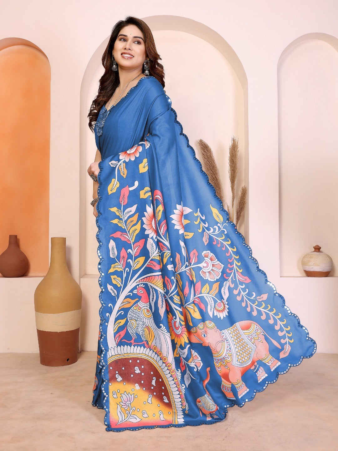 Blue Silk Blend Saree with Digital Print & Mirror Embellished Border - Image 4