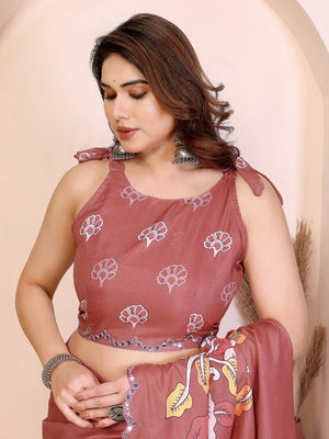 Brown Silk Blend Saree with Digital Print & Mirror Embellished Border - Image 2