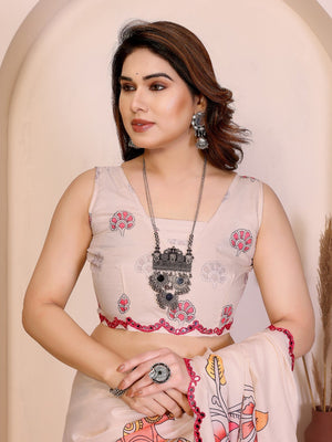 Cream Silk Blend Saree with Digital Print & Mirror Embellished Border - Image 2
