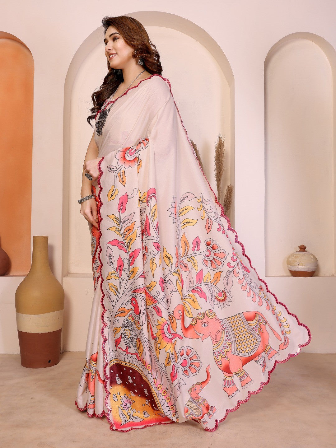 Cream Silk Blend Saree with Digital Print & Mirror Embellished Border - Image 4