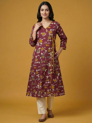 Maroon Floral Printed Pure Cotton Angrakha Style Kurti - Image 1
