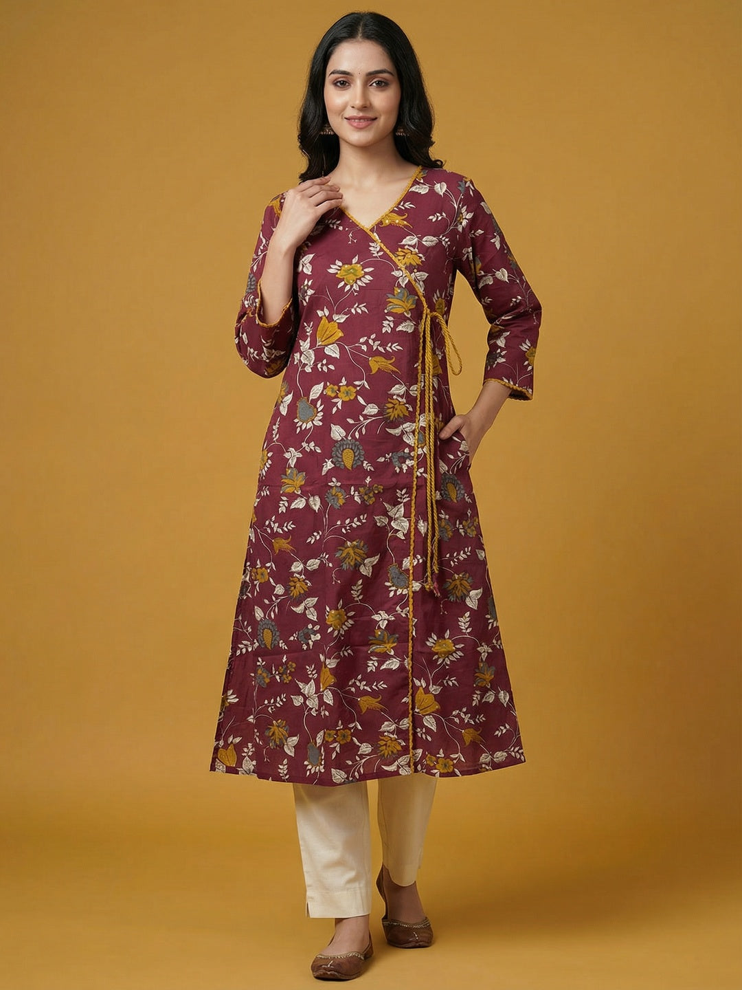 Maroon Floral Printed Pure Cotton Angrakha Style Kurti - Image 1