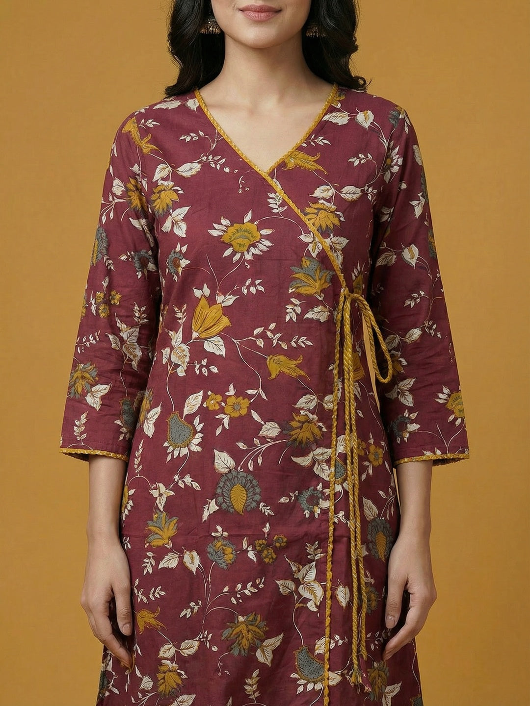 Maroon Floral Printed Pure Cotton Angrakha Style Kurti - Image 86