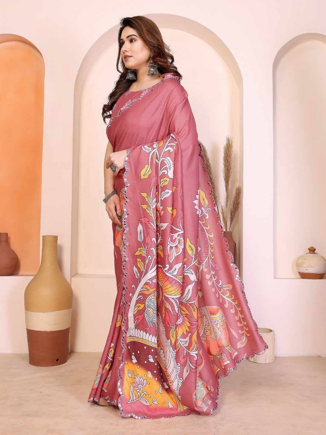 Peach Silk Blend Saree with Digital Print & Mirror Embellished Border - Image 4