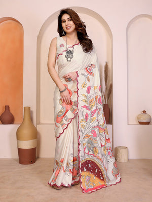 White Silk Blend Saree with Digital Print & Mirror Embellished Border - Image 1