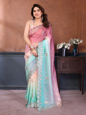 Graceful Rama Green Silk Blend Saree with Heavy Embroidered Detailing - Image 1