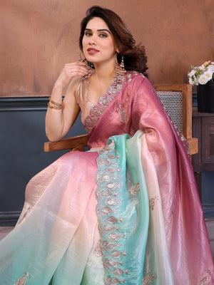 Graceful Rama Green Silk Blend Saree with Heavy Embroidered Detailing - Image 2