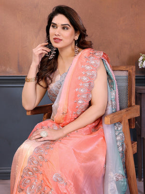 Graceful Peach Silk Blend Saree with Heavy Embroidered Detailing - Image 2