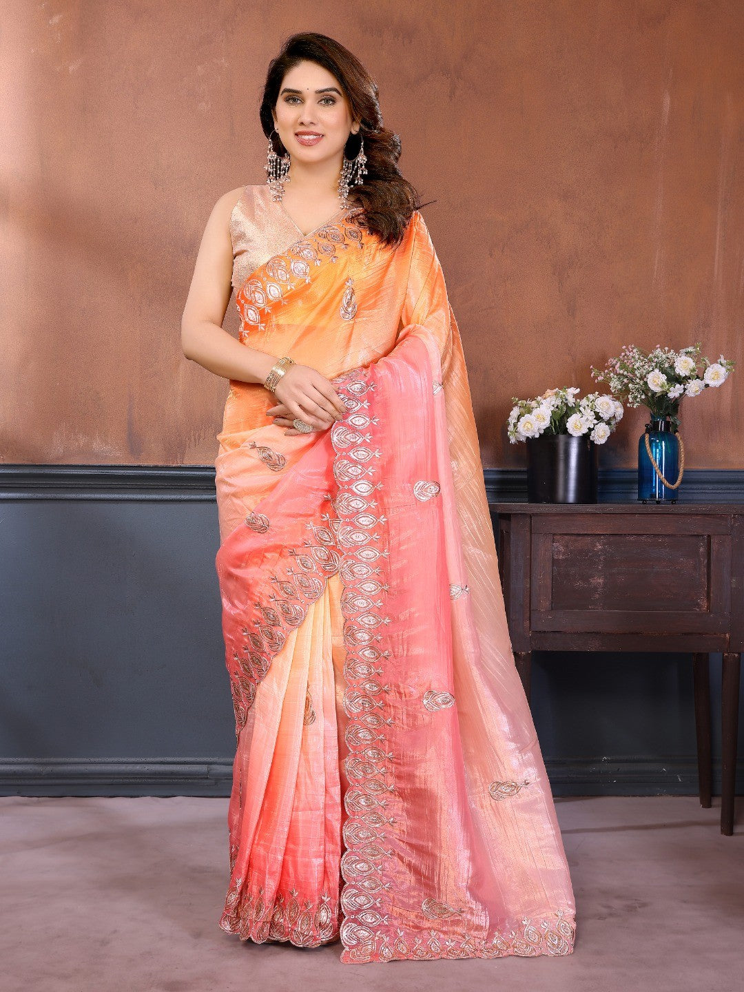 Graceful Orange & Pink Silk Blend Saree with Heavy Embroidered Detailing - Image 1