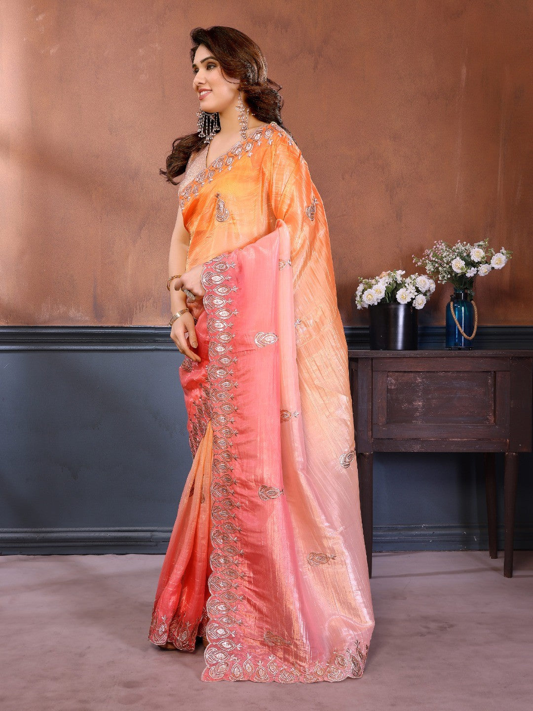 Graceful Orange & Pink Silk Blend Saree with Heavy Embroidered Detailing - Image 5