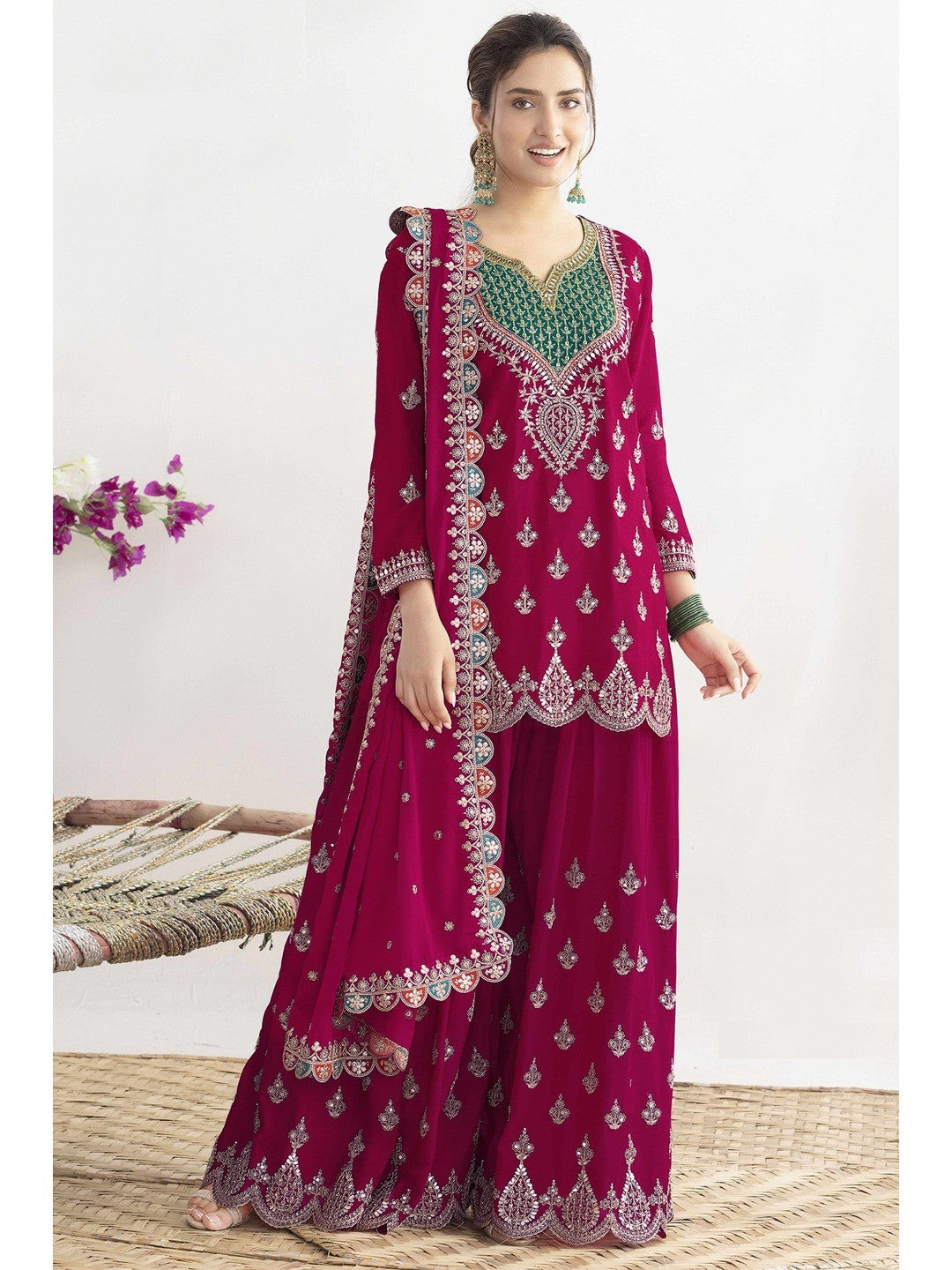 Pink Sequins & Thread Embroidered Chinon Semi-Stitched Dress Material - Image 1