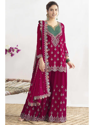 Pink Sequins & Thread Embroidered Chinon Semi-Stitched Dress Material - Image 1