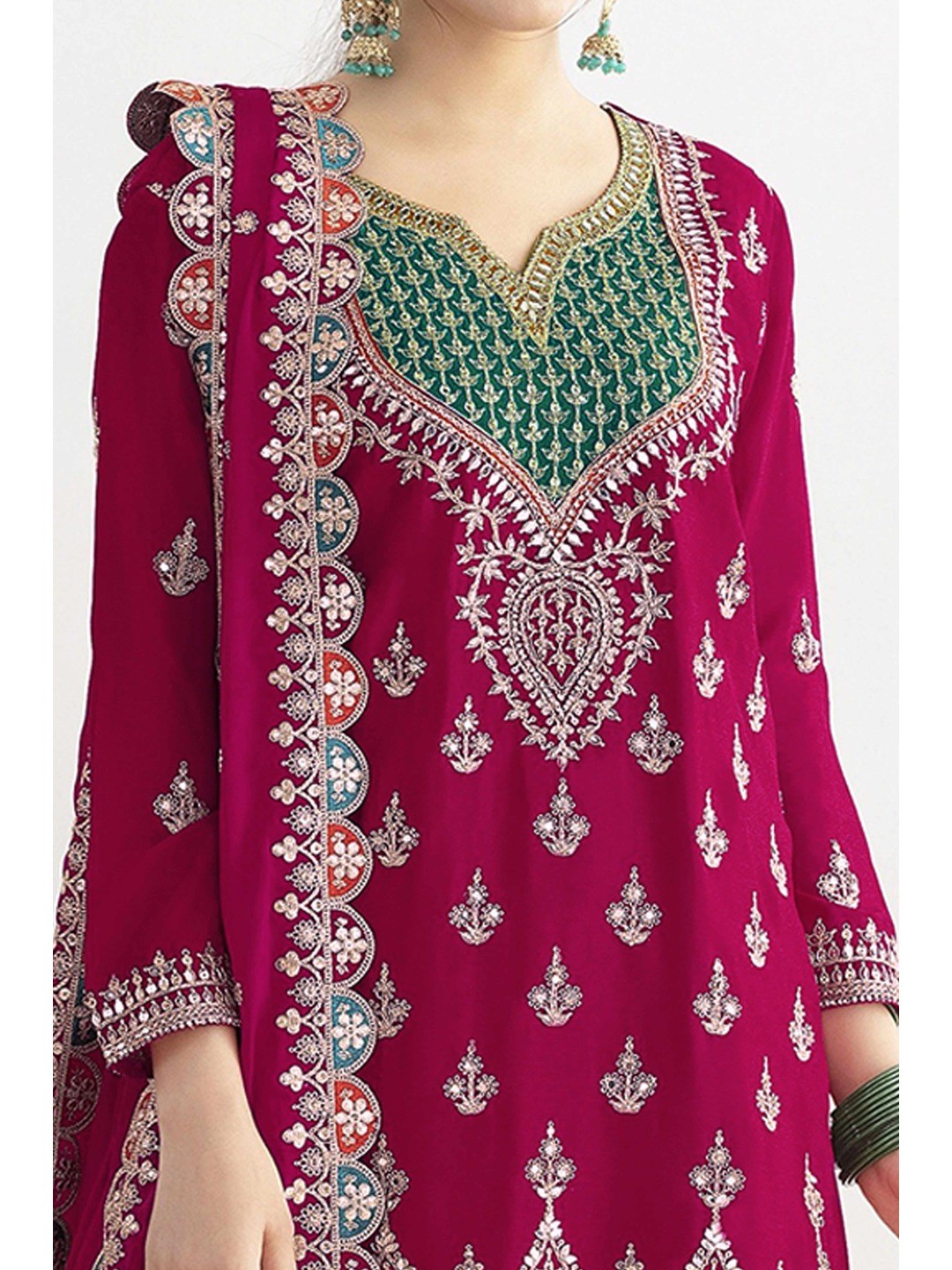 Pink Sequins & Thread Embroidered Chinon Semi-Stitched Dress Material - Image 2