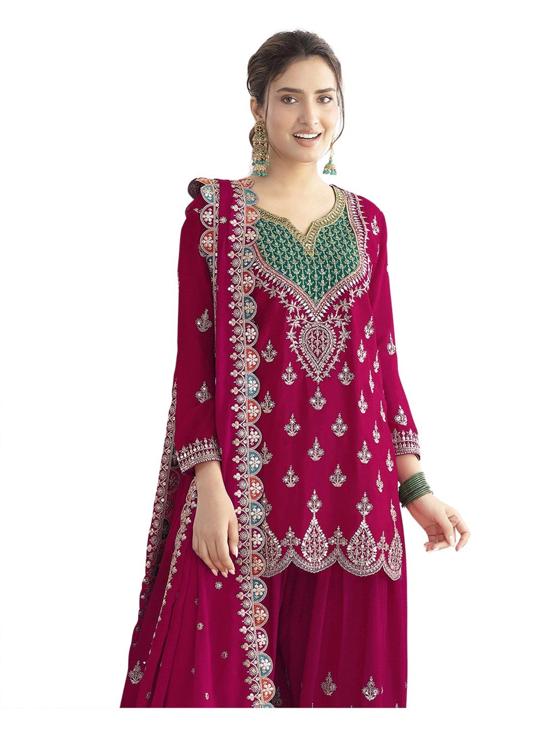 Pink Sequins & Thread Embroidered Chinon Semi-Stitched Dress Material - Image 5