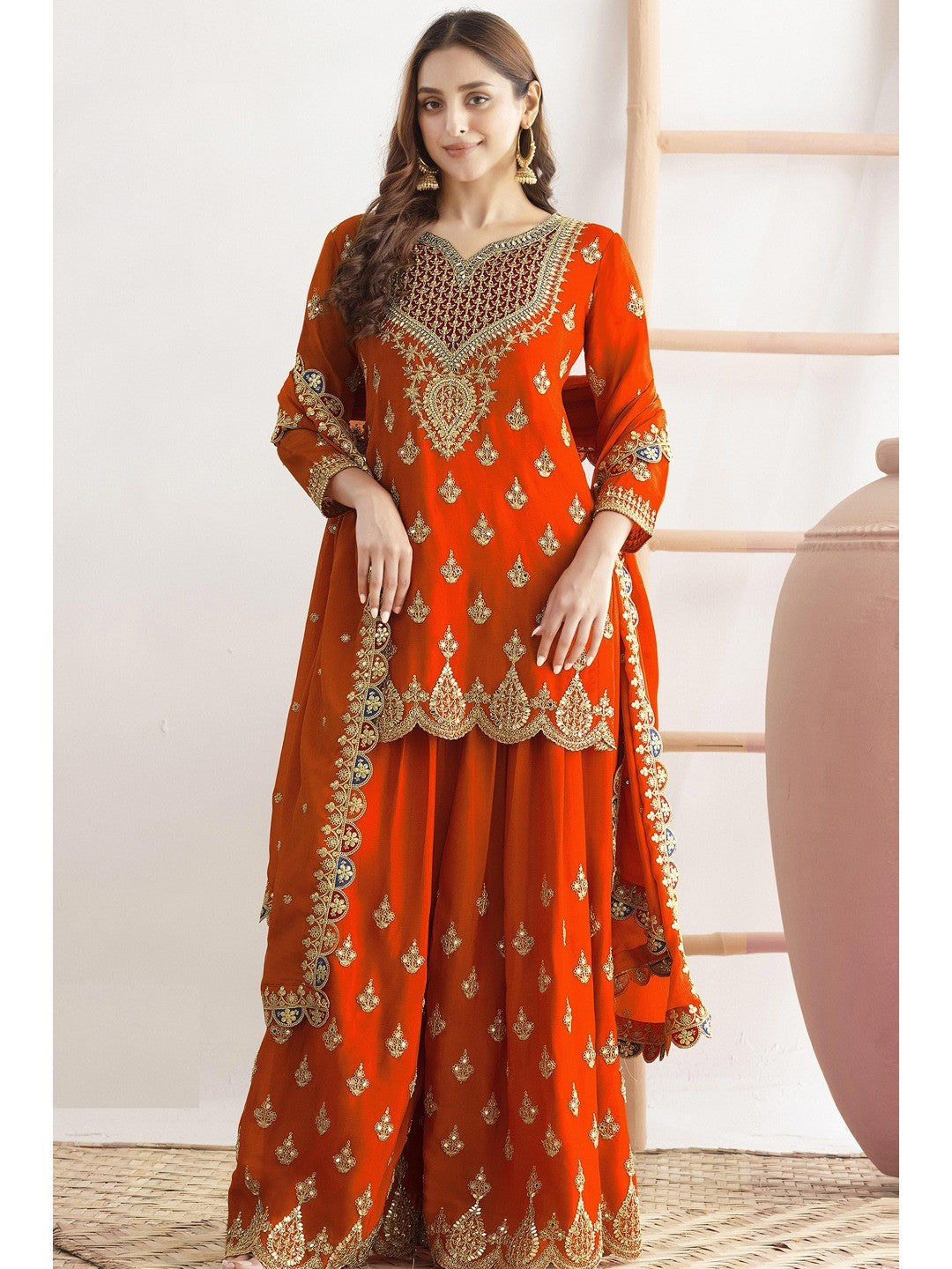 Orange Sequins & Thread Embroidered Chinon Semi-Stitched Dress Material - Image 1