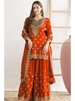 Orange Sequins & Thread Embroidered Chinon Semi-Stitched Dress Material - Image 1