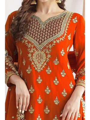 Orange Sequins & Thread Embroidered Chinon Semi-Stitched Dress Material - Image 2
