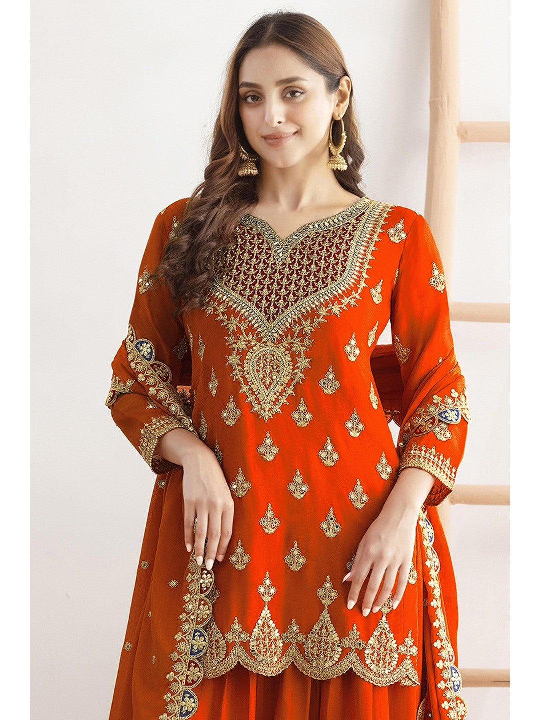 Orange Sequins & Thread Embroidered Chinon Semi-Stitched Dress Material - Image 3