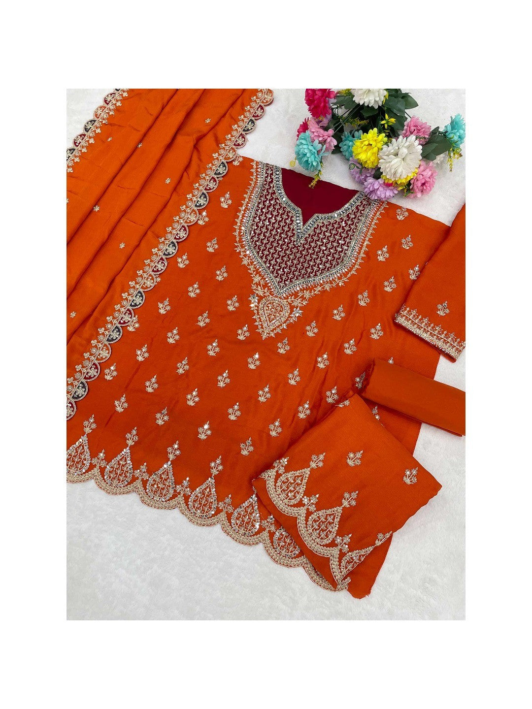 Orange Sequins & Thread Embroidered Chinon Semi-Stitched Dress Material - Image 5