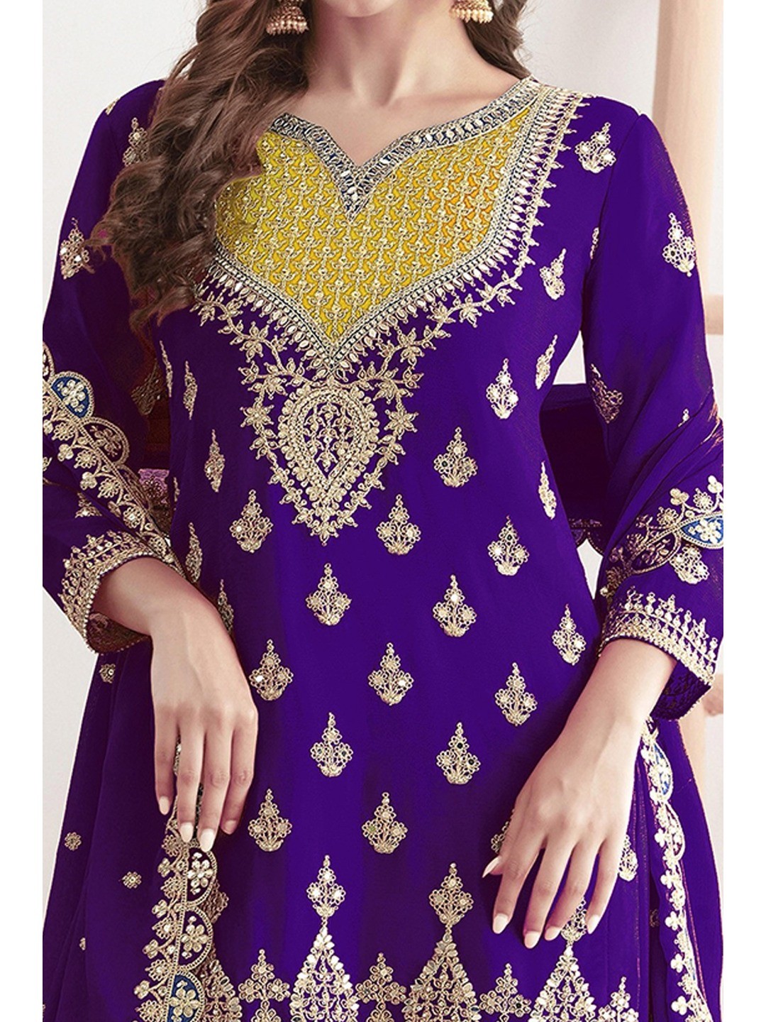 Purple Sequins & Thread Embroidered Chinon Semi-Stitched Dress Material - Image 2