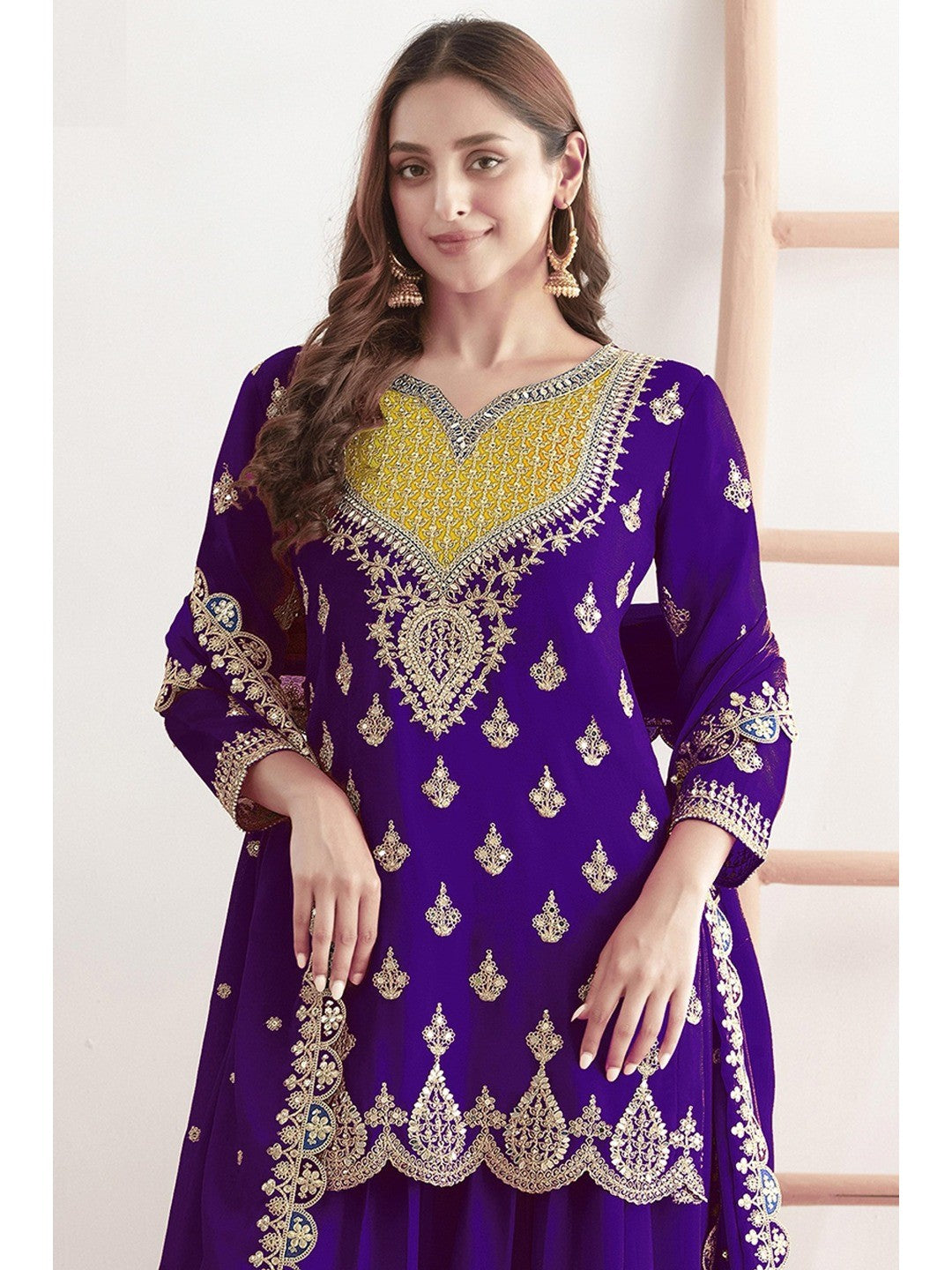 Purple Sequins & Thread Embroidered Chinon Semi-Stitched Dress Material - Image 3