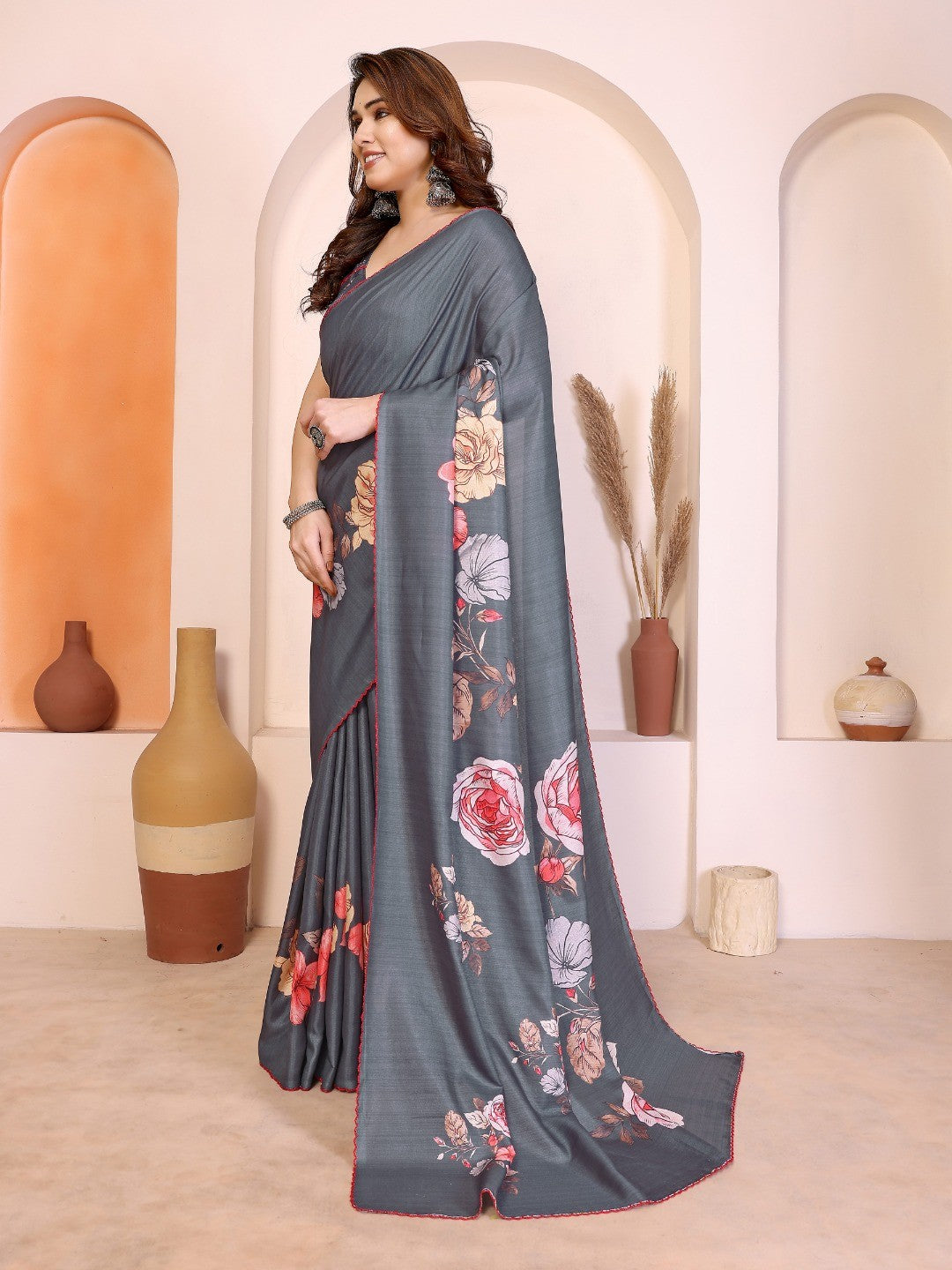 Sophisticated Grey Manipuri Cotton Silk Saree Enhanced With Vibrant Floral Digital Prints - Image 3