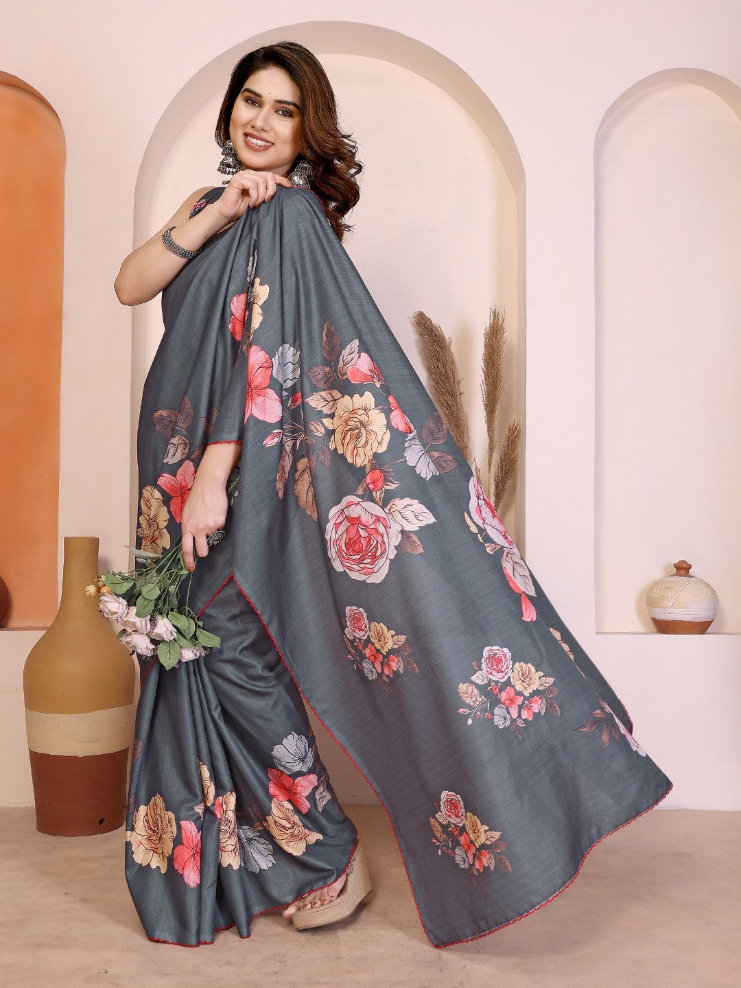 Sophisticated Grey Manipuri Cotton Silk Saree Enhanced With Vibrant Floral Digital Prints - Image 4