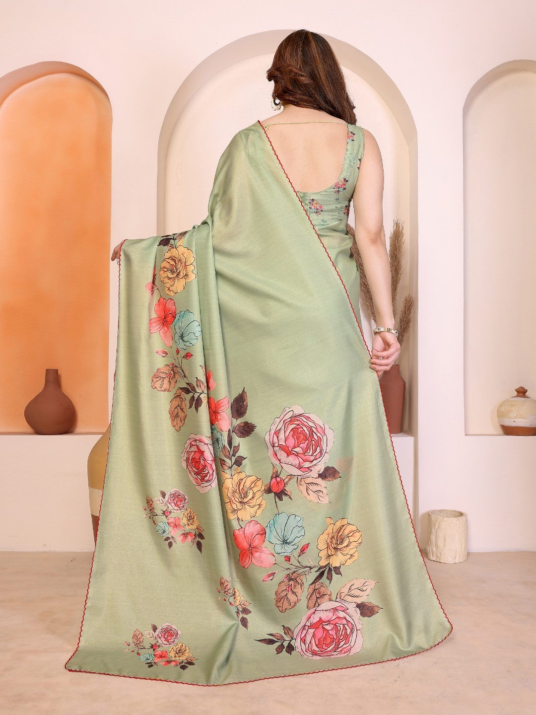 Sophisticated Pista Green Manipuri Cotton Silk Saree Enhanced With Vibrant Floral Digital Prints - Image 3