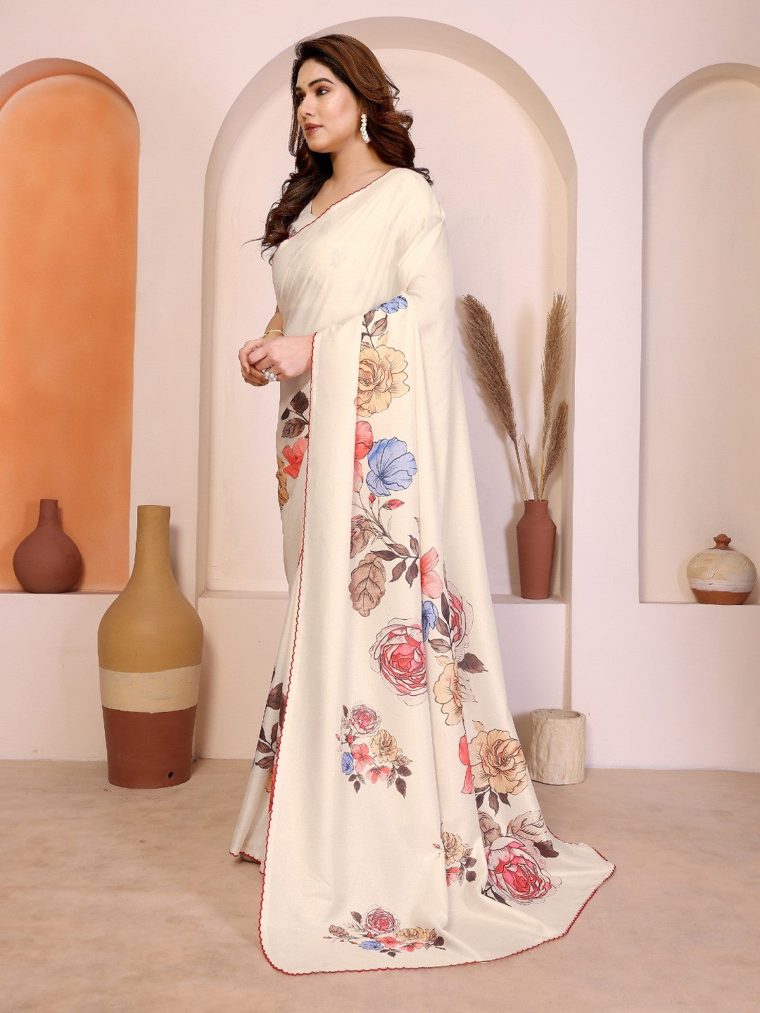 Sophisticated Cream Manipuri Cotton Silk Saree Enhanced With Vibrant Floral Digital Prints - Image 3