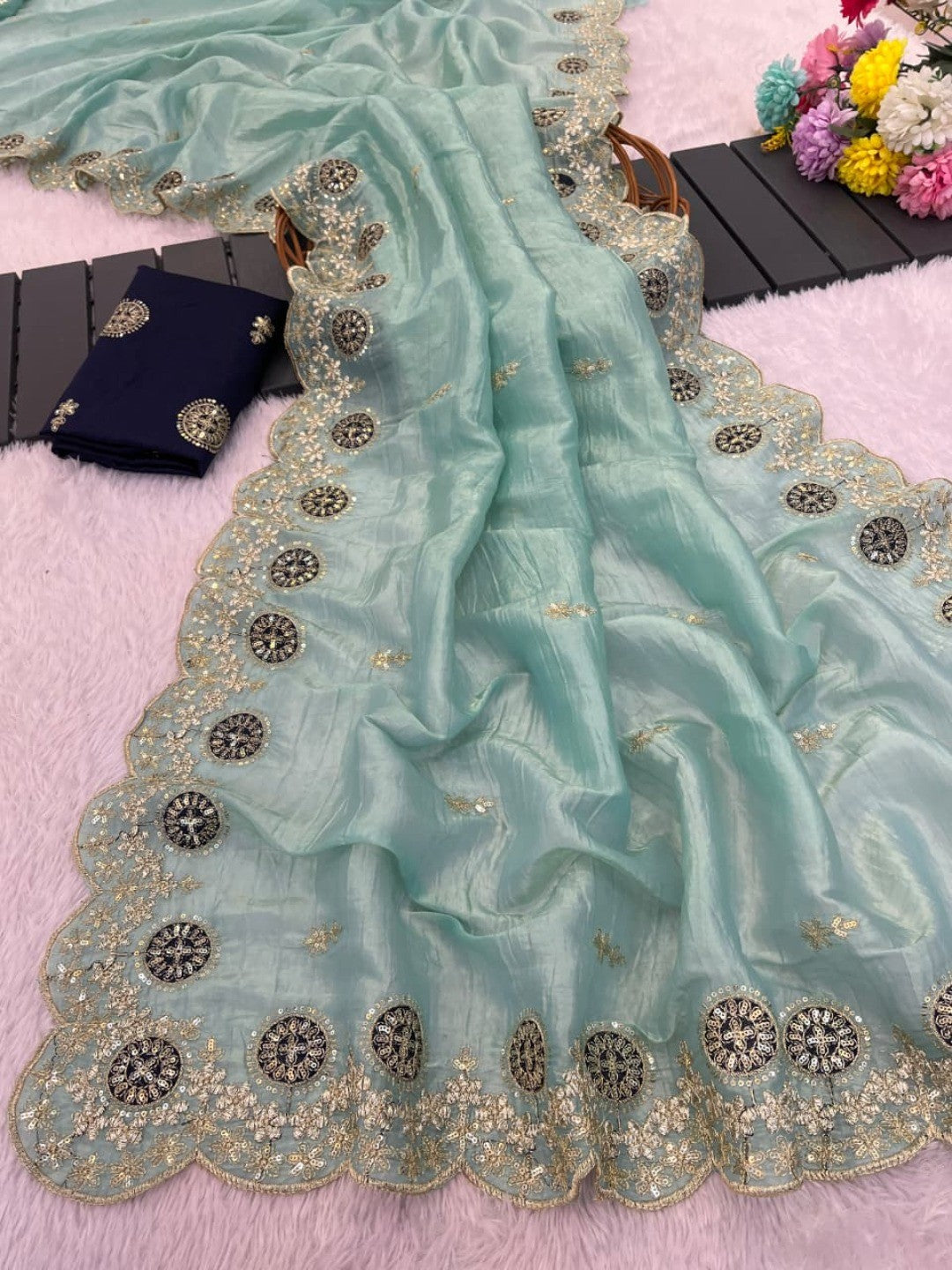 Light Turquoise Charm Crunchy Saree with Premium Embroidered Border - Image 2