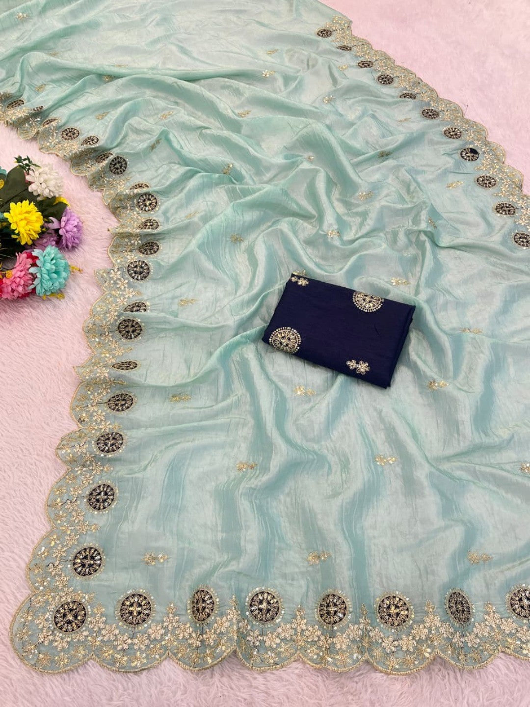 Light Turquoise Charm Crunchy Saree with Premium Embroidered Border - Image 3