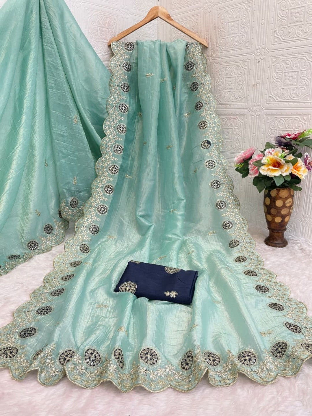 Light Turquoise Charm Crunchy Saree with Premium Embroidered Border - Image 4