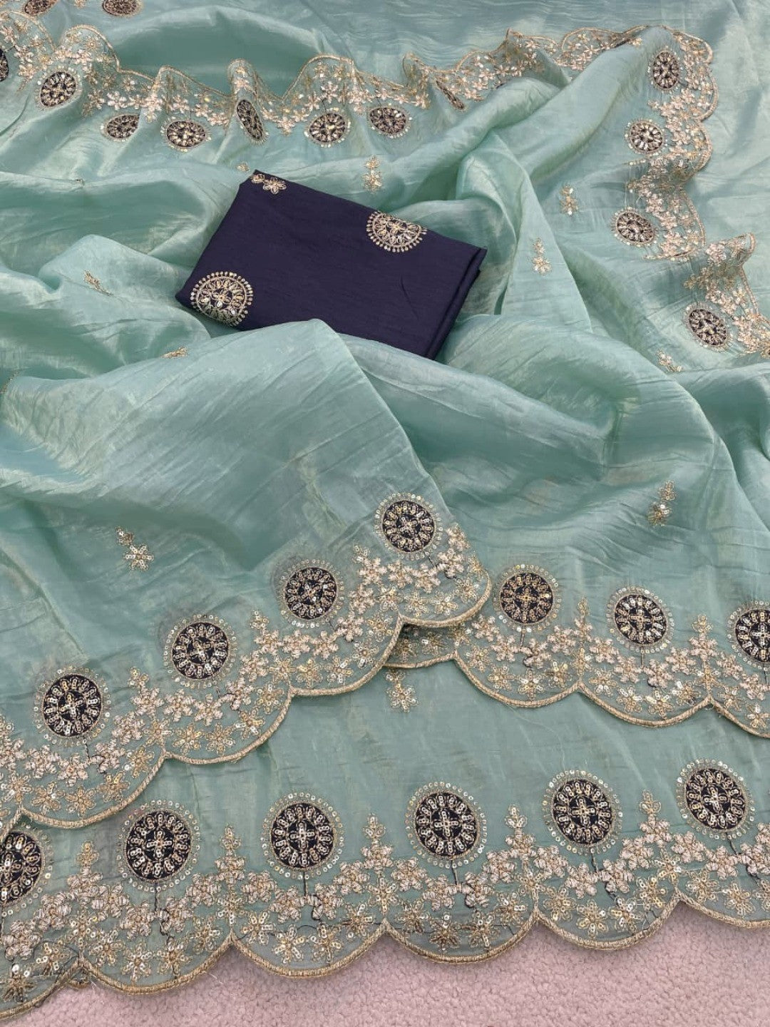 Light Turquoise Charm Crunchy Saree with Premium Embroidered Border - Image 5