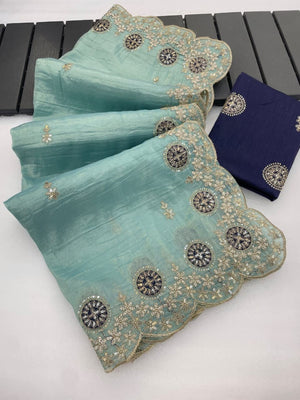 Light Turquoise Charm Crunchy Saree with Premium Embroidered Border - Image 2