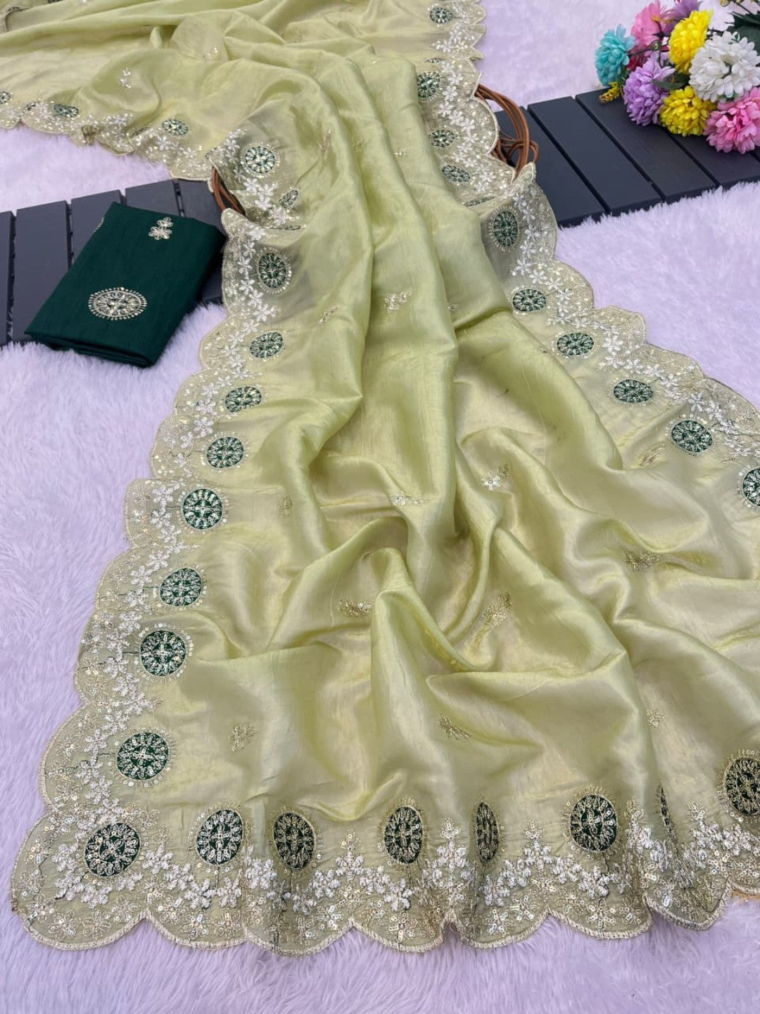 Green Charm Crunchy Saree with Premium Embroidered Border - Image 3