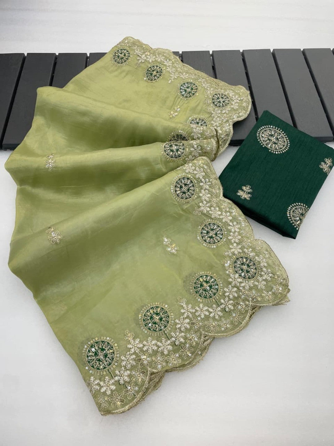 Green Charm Crunchy Saree with Premium Embroidered Border - Image 6