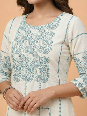 White Embroidered Pure Cotton Straight Fit Salwar Suit with Dupatta - Image 2