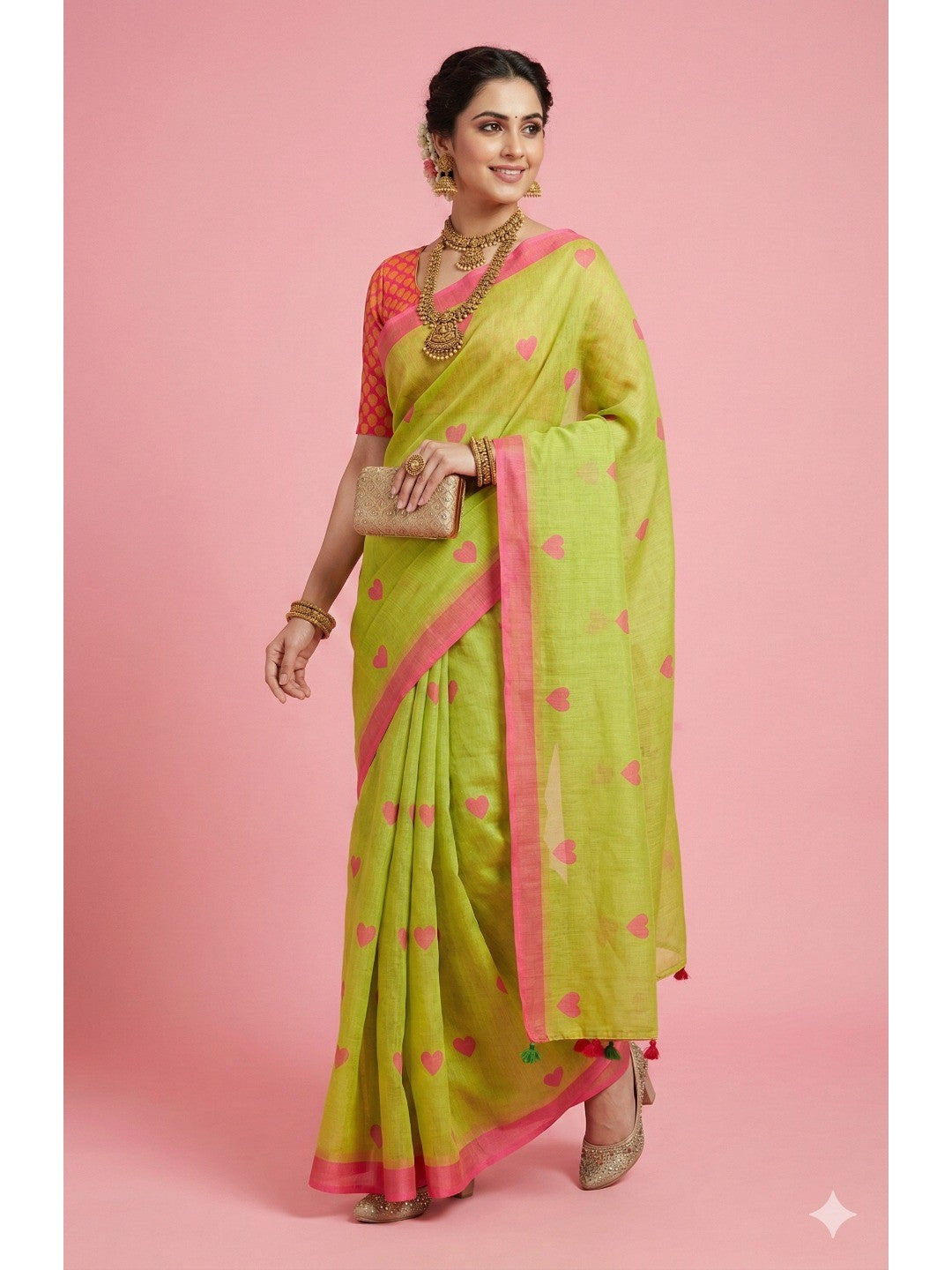 Green Digital Printed Linen Saree with Pink Heart Motifs - Image 1