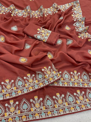 Graceful Brown Georgette Silk Saree with Premium Embroidered Work & Blouse - Image 2