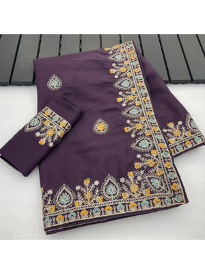 Graceful Purple Georgette Silk Saree with Premium Embroidered Work & Blouse - Image 2