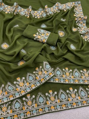Graceful Mehendi Green Georgette Silk Saree with Premium Embroidered Work & Blouse - Image 2