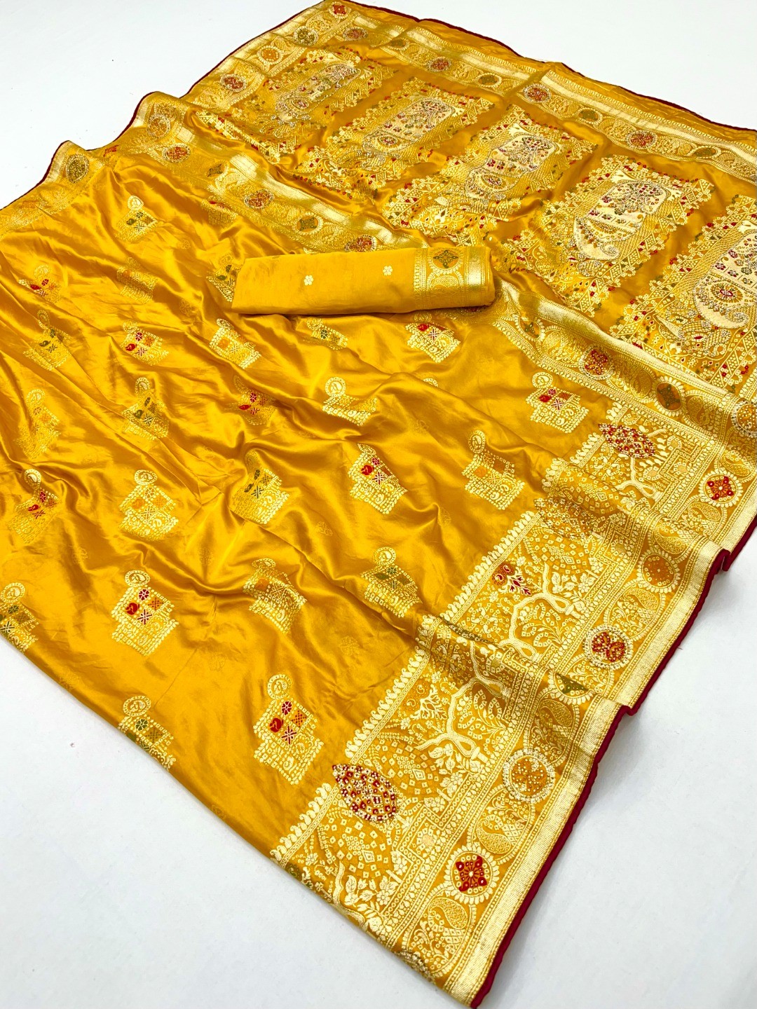 Classic Mustard Satin Saree Enhanced By Fine Weaving Craft & Sophisticated Stone Work - Image 3
