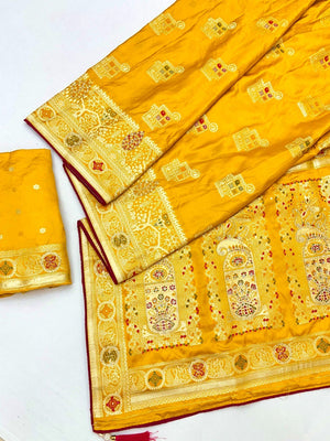 Classic Mustard Satin Saree Enhanced By Fine Weaving Craft & Sophisticated Stone Work - Image 2