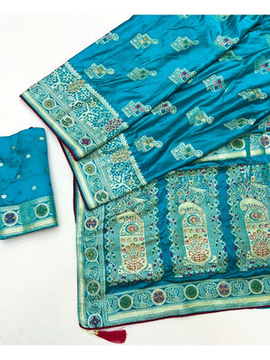 Classic Peacock Blue Satin Saree Enhanced By Fine Weaving Craft & Sophisticated Stone Work - Image 2