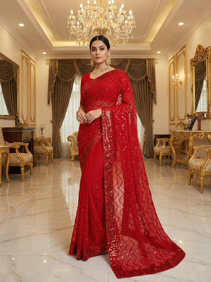 Elegant Red Georgette Silk Saree with Sequin Embellishments - Image 1