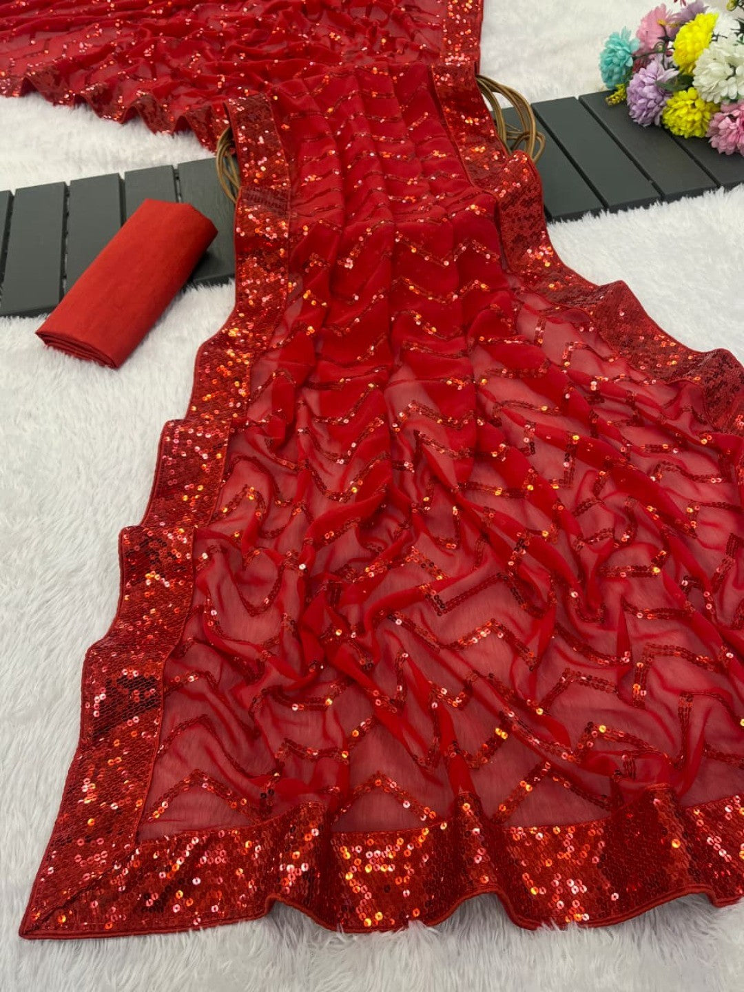 Elegant Red Georgette Silk Saree with Sequin Embellishments - Image 2